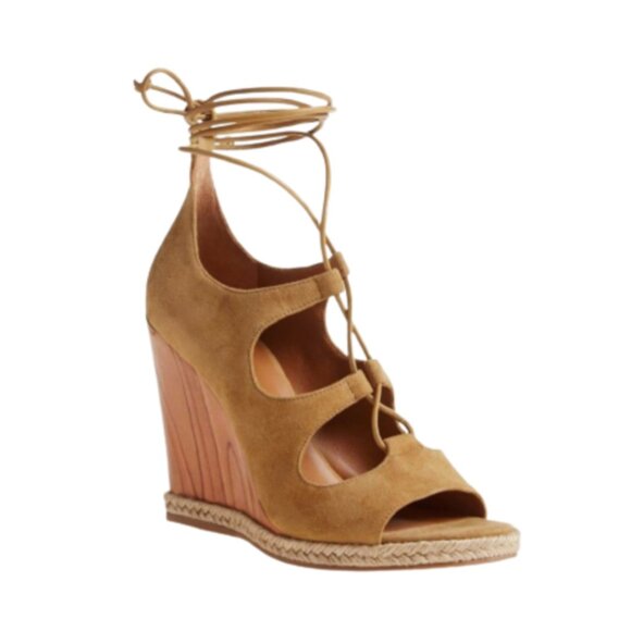Tory Burch Raya Suede Lace Up Wedge Sandals Womens 7 Tan Brown Wood Heel Shoes - Picture 1 of 13